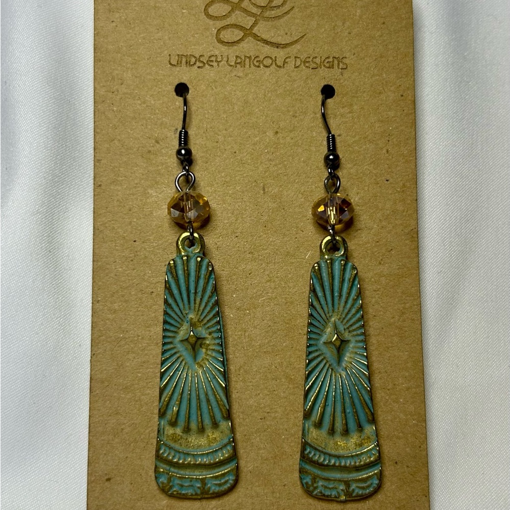 Brass Patina Sunburst Earrings with Vintage Bead